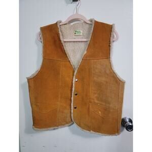 Vintage Suede Leather Sherpa Lined Snap Vest Made in Mexico 70s Western Med